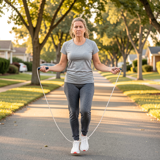 middle-aged woman jumping rope on street